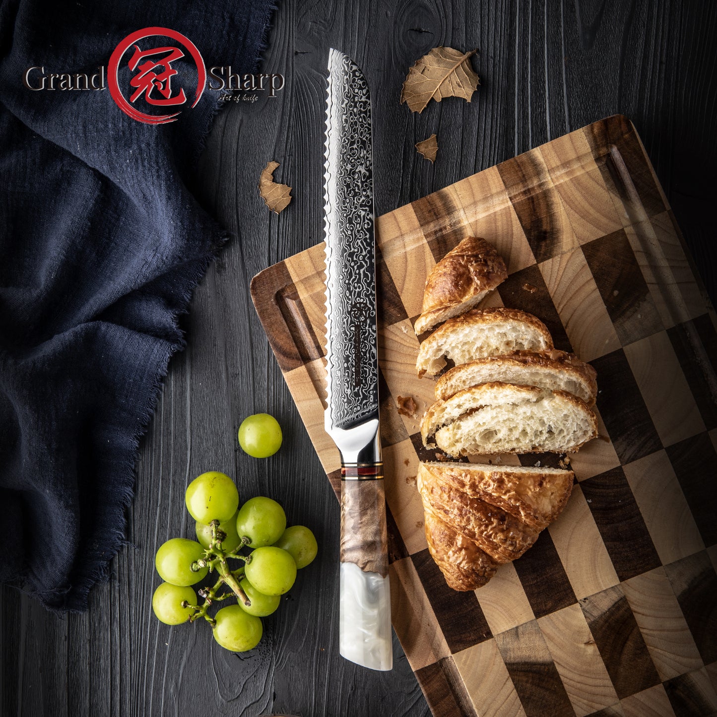 Grandsharp Damascus Steel 8.5 Inch Kitchen Bread Knife White Resin & Solidified Wood Handle