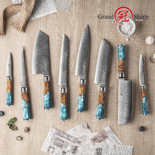 Grandsharp Damascus 10Cr15CoMoV Kitchen Chef Bread Paring Fruit Cleaver Knife Set