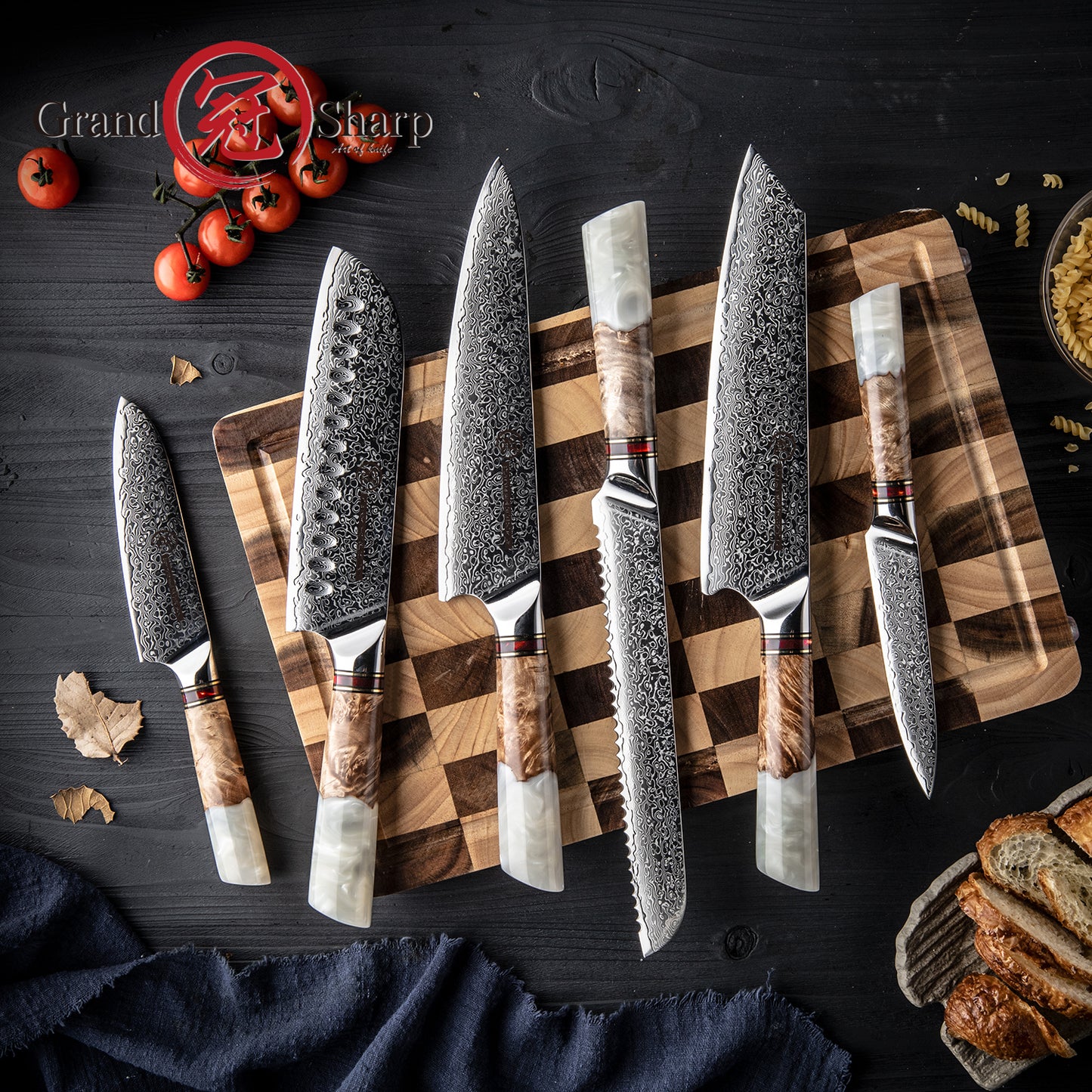 Grandsharp 6 Pcs Damascus Steel Chef Knife Sets with White Resin & Solidified Wood Handle