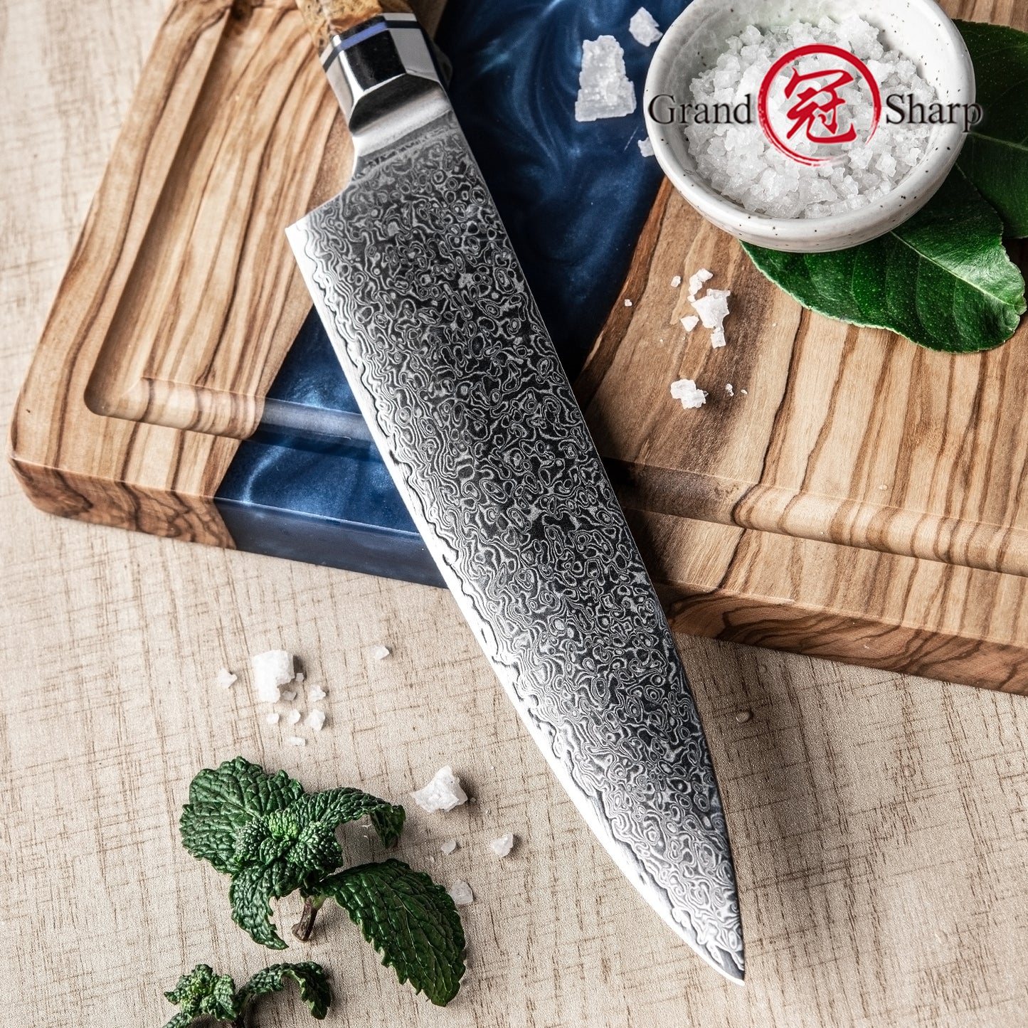 Grandsharp 8" 10cr15mov 67 Layers Damascus Kitchen Knife Chef Knife With Octagonal Resin and Solidified Wood Handle