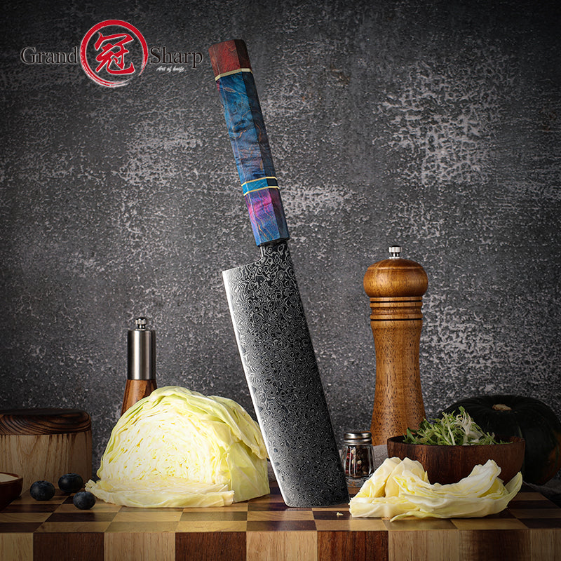 Professional 67 Layers Damascus Steel Kitchen Chef Nakiri Knife With Octagonal Solidfied Wooden Handle