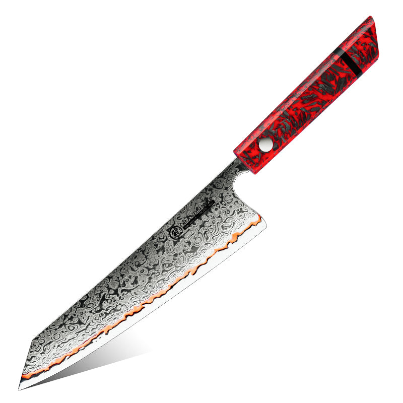 Grandsharp 8 Inch Kiritsuke Knife High Quliaty 55 Layers Copper Damascus Steel Kitchen Knives Red Resin + Carbon Fiber Handle