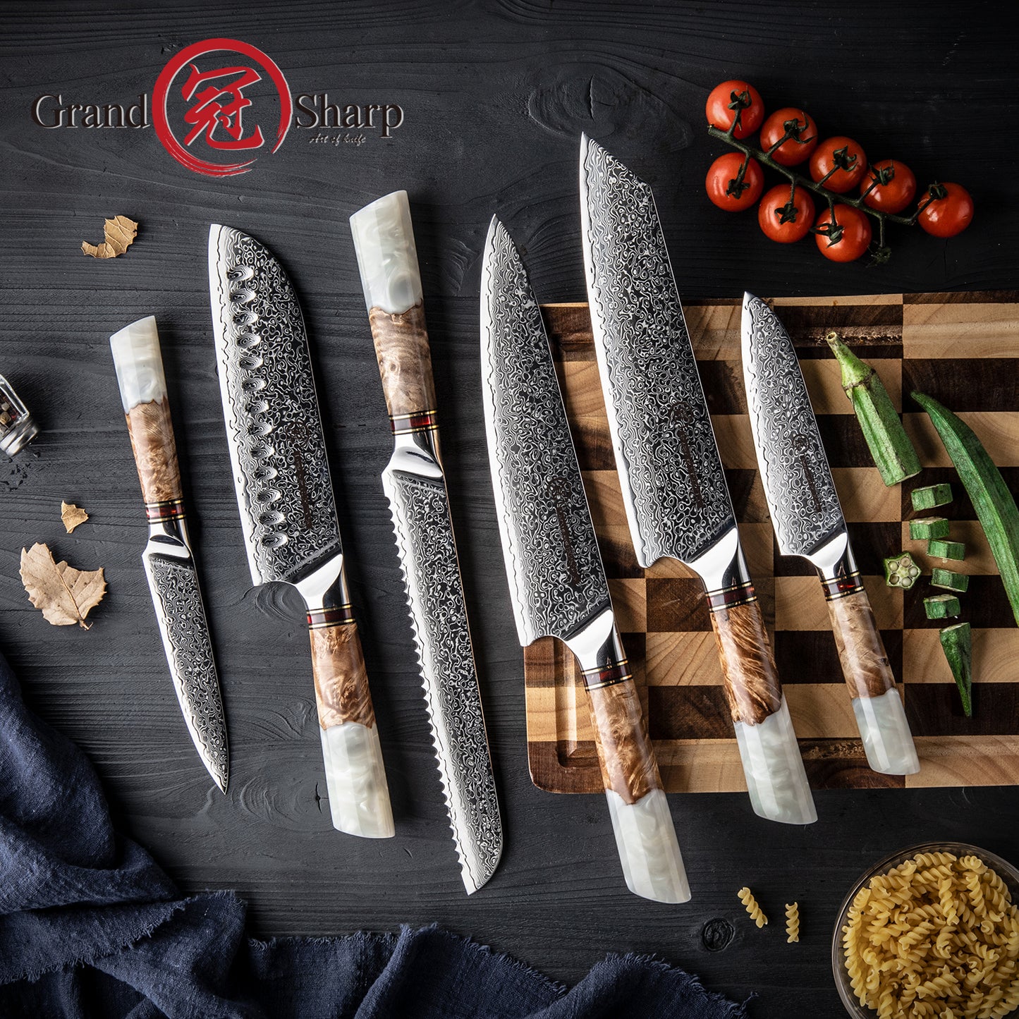 Grandsharp 6 Pcs Damascus Steel Chef Knife Sets with White Resin & Solidified Wood Handle