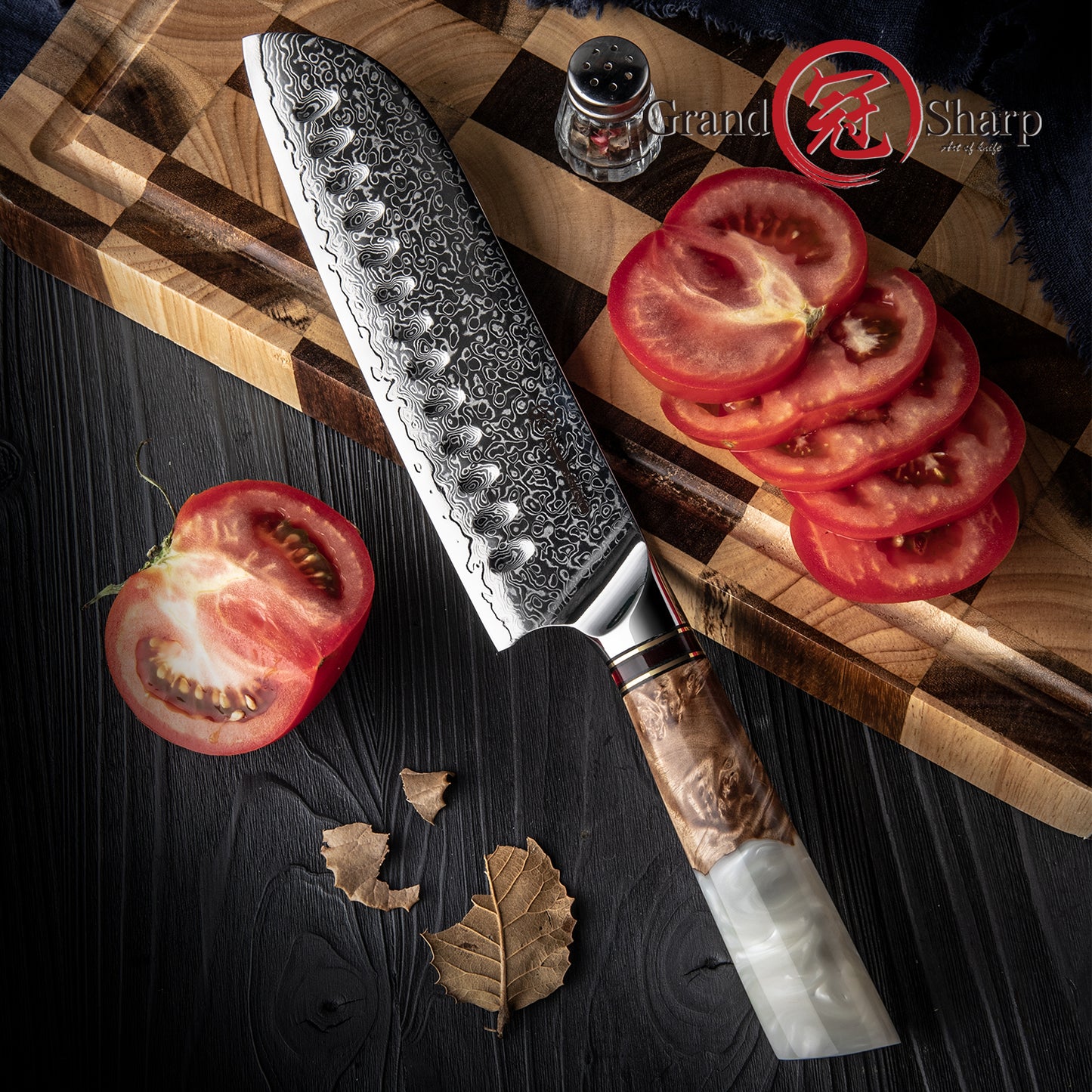 Grandsharp 7 Inch Damascus Steel Kitchen Santoku Knife 10Cr15MoV White Resin & Solidified Wood Handle