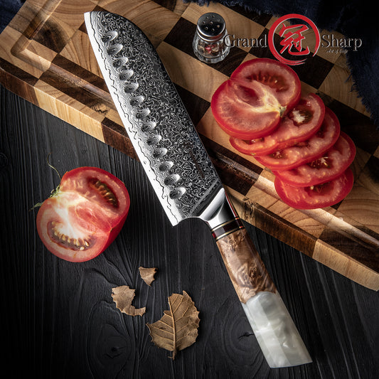 Grandsharp 7 Inch Damascus Steel Kitchen Santoku Knife 10Cr15MoV White Resin & Solidified Wood Handle