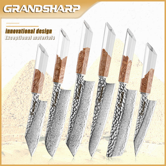 GRANDSHARP Kitchen Knife Set 1-6 Pcs 67 Layers Damascus Steel AUS10 Core Blade Transparent Resin&Wood Handle for Cooking Slicing