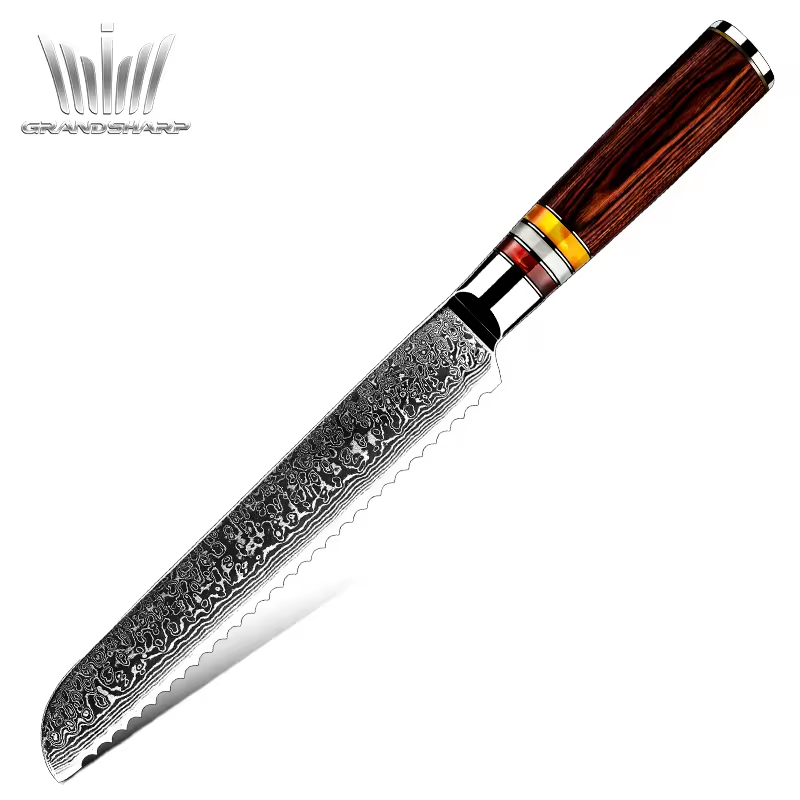 High Quality 8" Inch Ultra Sharp 67 Layers High Carbon Damascus Steel Kitchen Knife Serrated Bread Knife with Pakka Wood Handle
