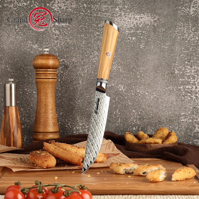 Grandsharp AUS-10 Damascus Steel Kitchen 5'' Steak Knife with Olivewood Handle