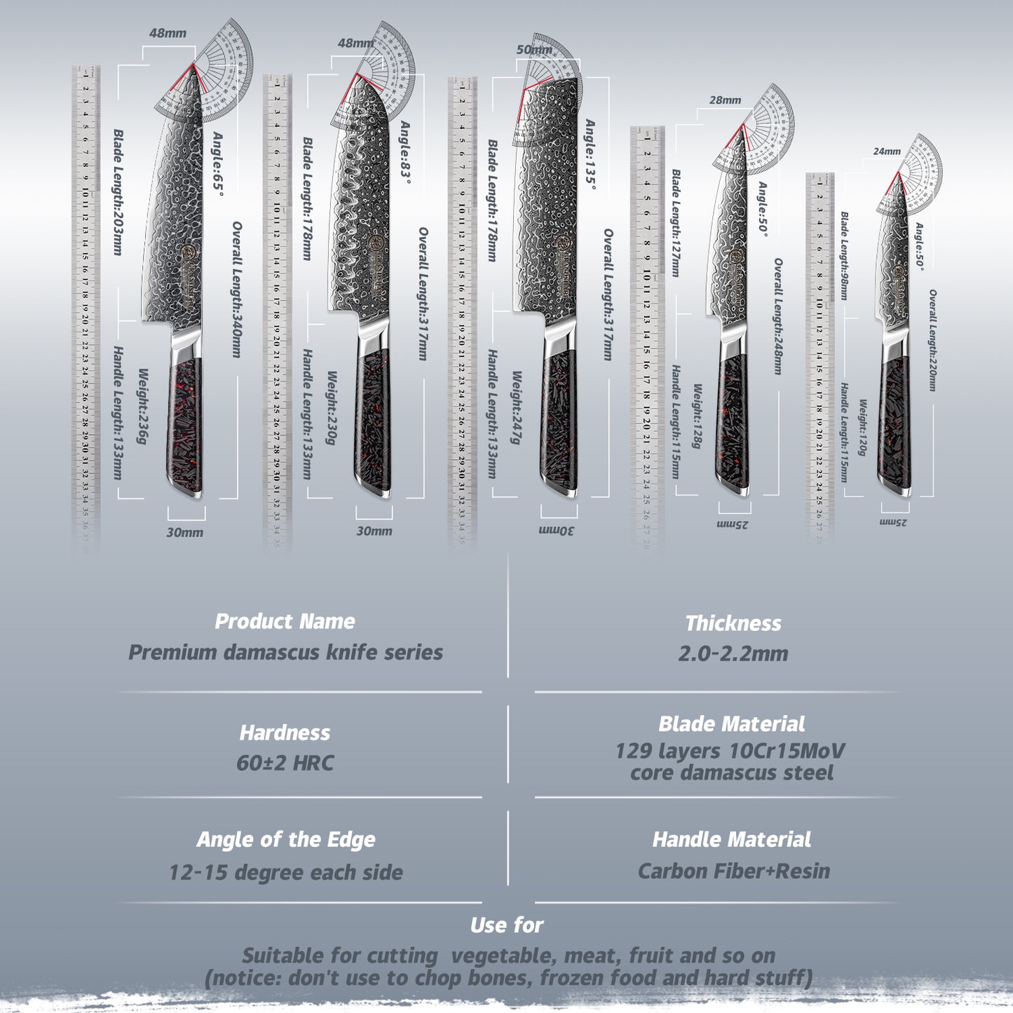 Grandsharp 1-5pcs Kitchen Knife Set 129 Layers 10Cr15MoV Core Damascus Steel Carbon Fiber&Resin Handle For Cutting Fruits Meat