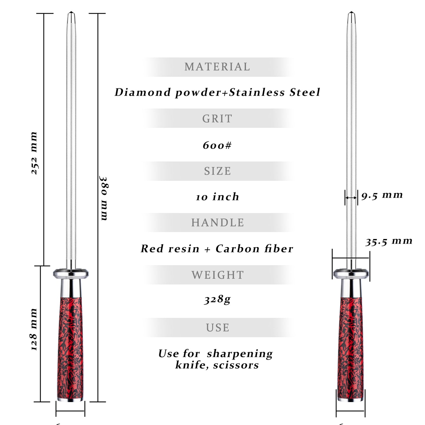 Grandsharp Diamond Sharpening Rod 600# with Red Handle