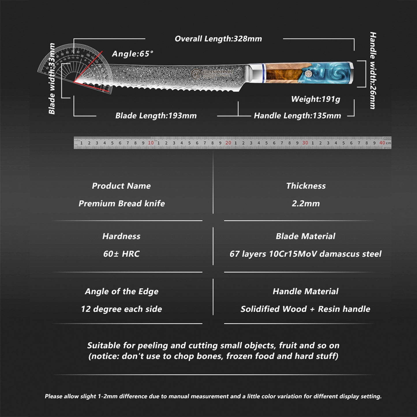 Grandsharp 7.5" Inches Bread Knife Damascus Steel Kitchen Chef Serrated Bread Cutting Knife With Solidfied Wood and Resin Handle