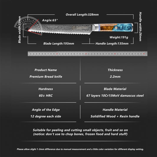 Grandsharp 7.5" Inches Bread Knife Damascus Steel Kitchen Chef Serrated Bread Cutting Knife With Solidfied Wood and Resin Handle