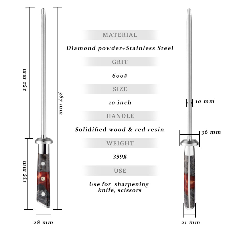 High Quality 10 Inch Kitchen Knife Blade Sharpener Diamond Sharpening Rod Tool with Solidified Wood & Red Resin Handle