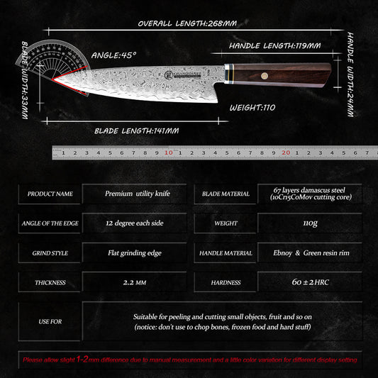 Grandsharp Handmade Damascus Petty Utility Knife with Ebony Handle