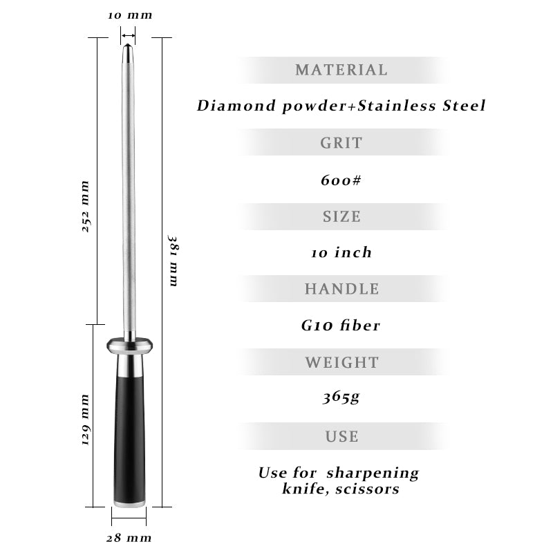 Grandsharp 10 Inch High Quality Carbon Steel Knife Sharpening Rod Professional Honing Steel for Chef Knife