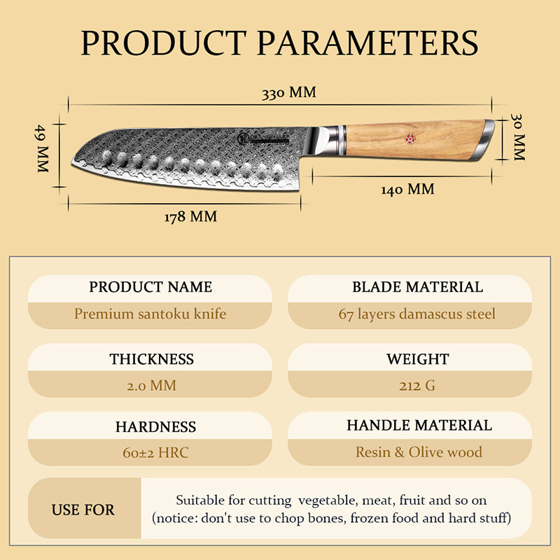 Grandsharp Custom Olive Wood Handle Damascus Santoku Chef Knife