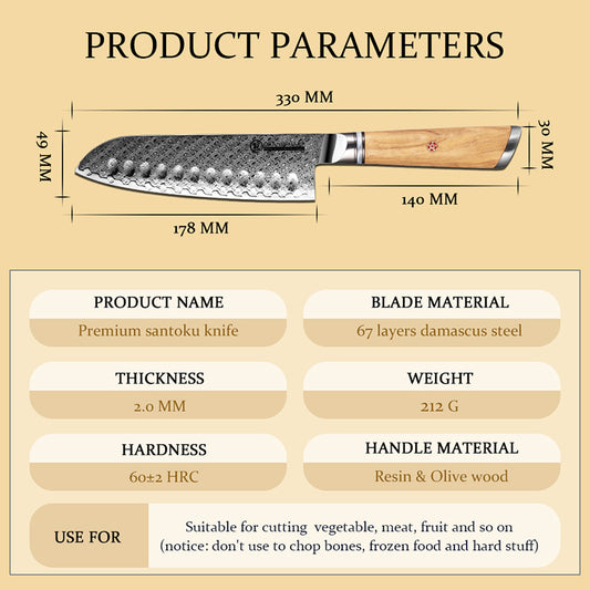 Grandsharp AUS-10 Damascus Santoku Chef Knife with Olive Wood Handle