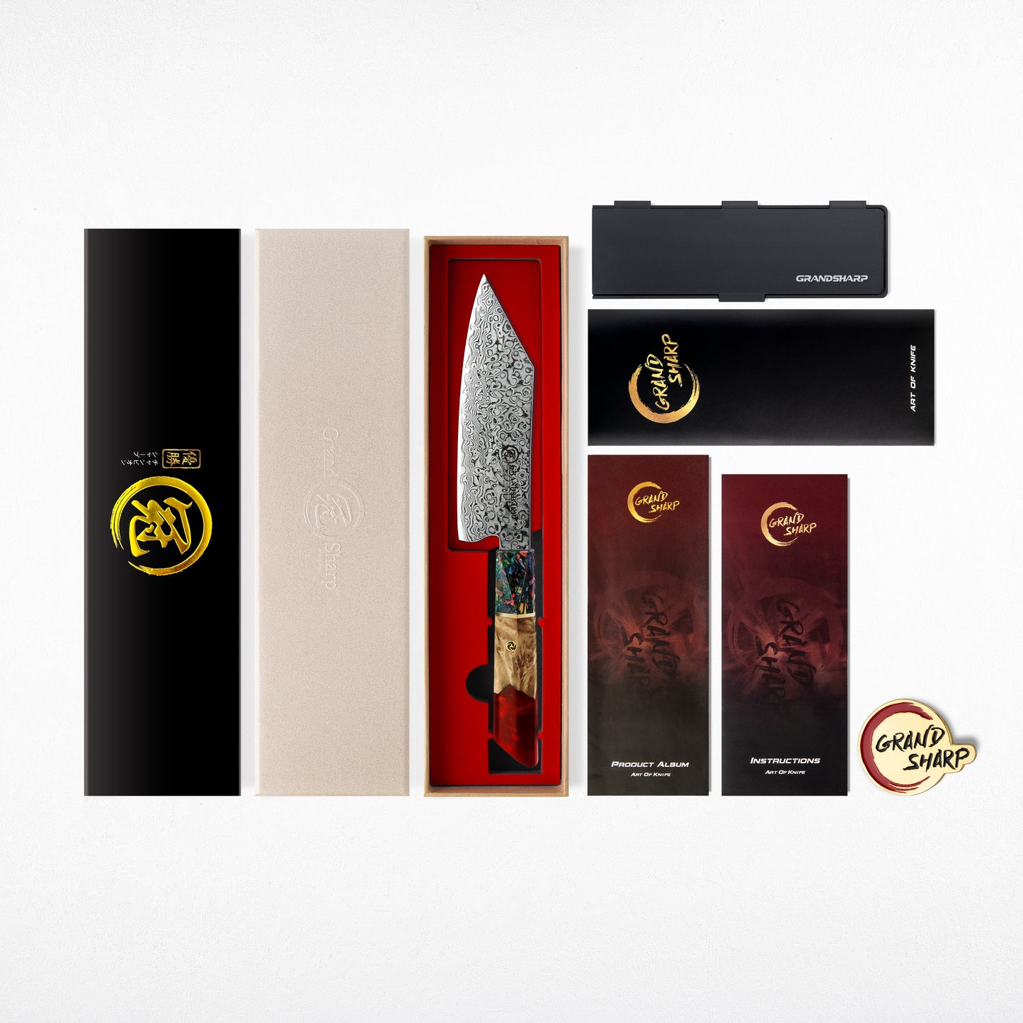 Grandsharp 5.5" Japanese 67 Layers Damascus Steel Bunka Prep Knife With Red Resin and Solidified Wood Handle
