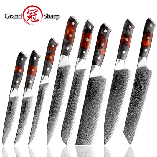 Grandsharp Damascus Steel Kitchen Knife Collection with Resin & Wood Handle