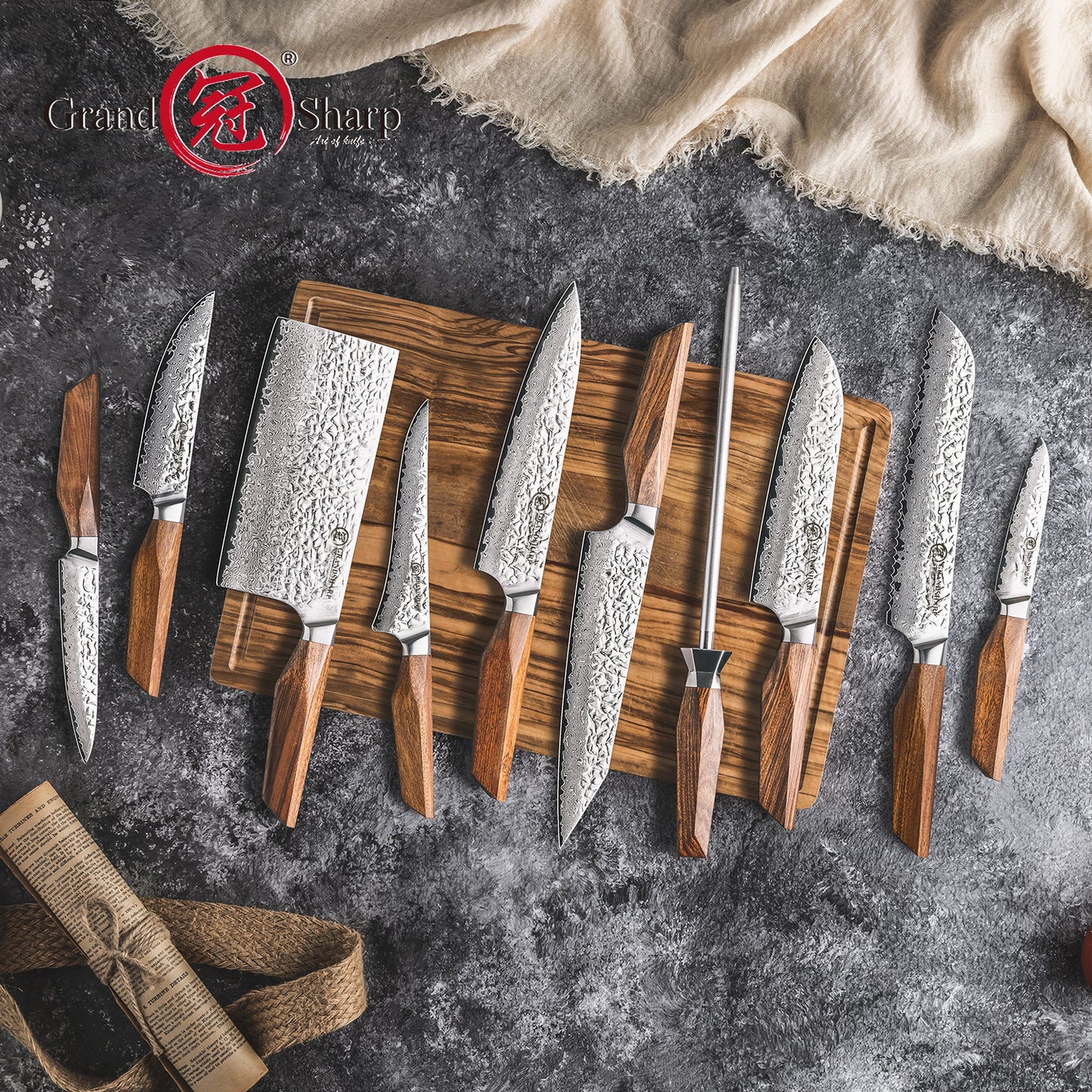 Grandsharp Custom Rose Wood Handle Damascus Kitchen Knife Collection