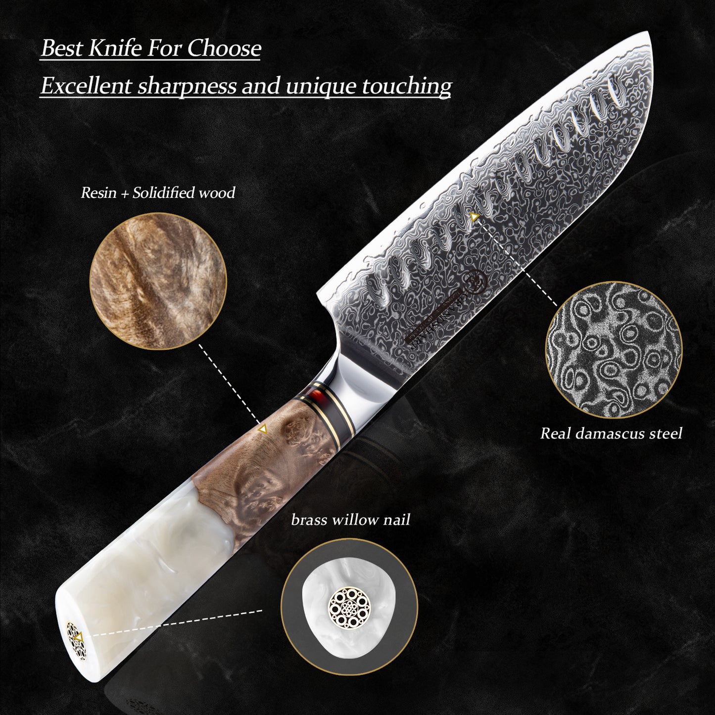 Grandsharp 7 Inch Damascus Steel Kitchen Santoku Knife 10Cr15MoV White Resin & Solidified Wood Handle