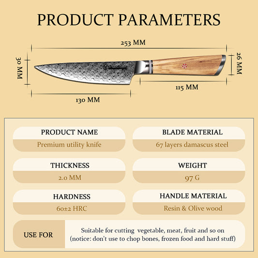 Grandsharp AUS-10 Damascus Utility Knife with Olive Wood Handle
