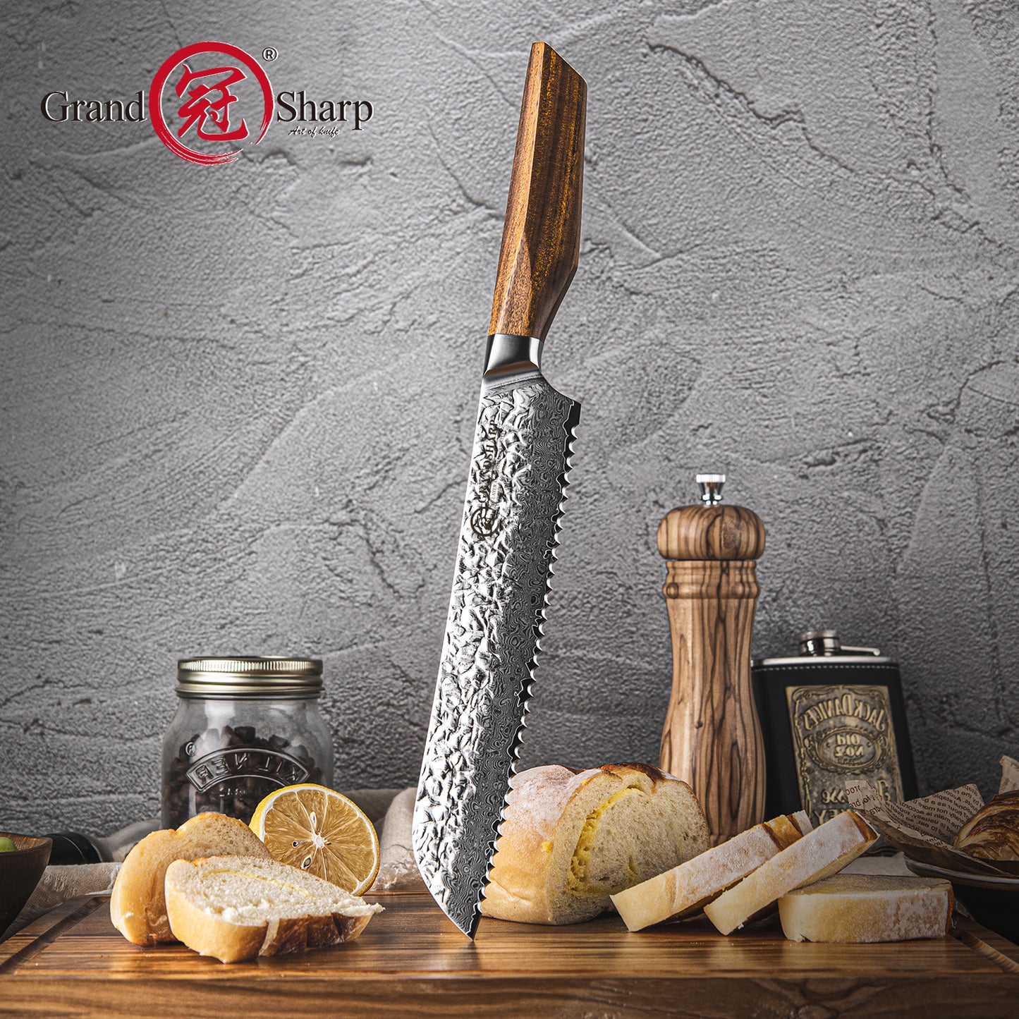 Grandsharp Kitchen Bread Knife 8.5 Inch 67 Layers AUS10 Core Damascus Steel Japanese Bread Knives with Africa Rose Wood Handle