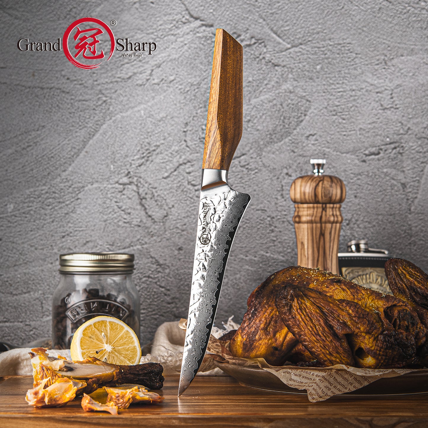Grandsharp 6 Inch Kitchen Boning Knife 67 Layers Damascus AUS10 Core Steel Filleting Boning Knives with Africa Rose Wood Handle