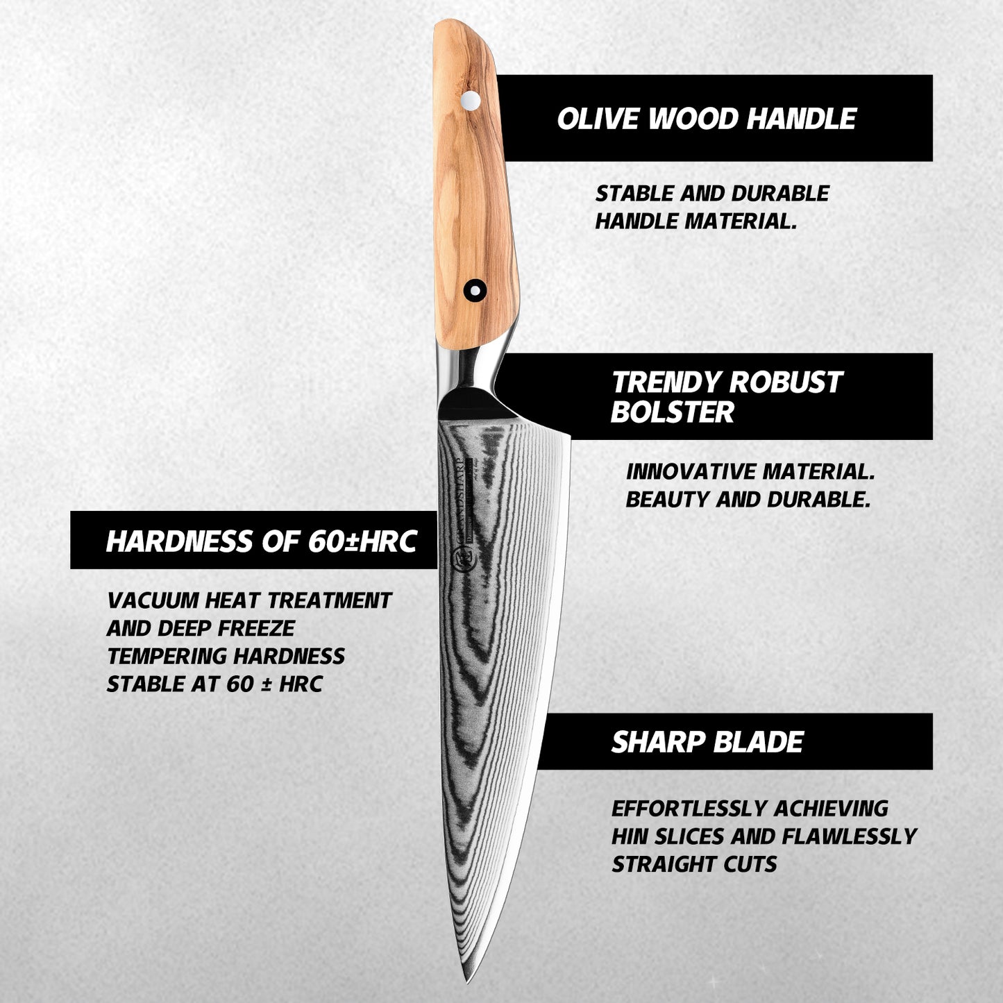 Grandsharp Premium Chef Knife Set 6 Pcs 67 Layers Damascus Steel Chef Kitchen Knives Sharpening Rod Sets with Olive Wood Handle