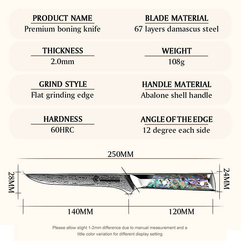 Grandsharp Abalone Handle Damascus Boning Knife