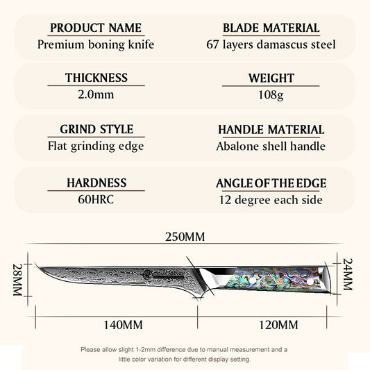 Grandsharp Abalone Handle Damascus Boning Knife