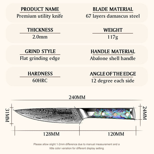 Grandsharp Abalone Handle Damascus Utility Knife