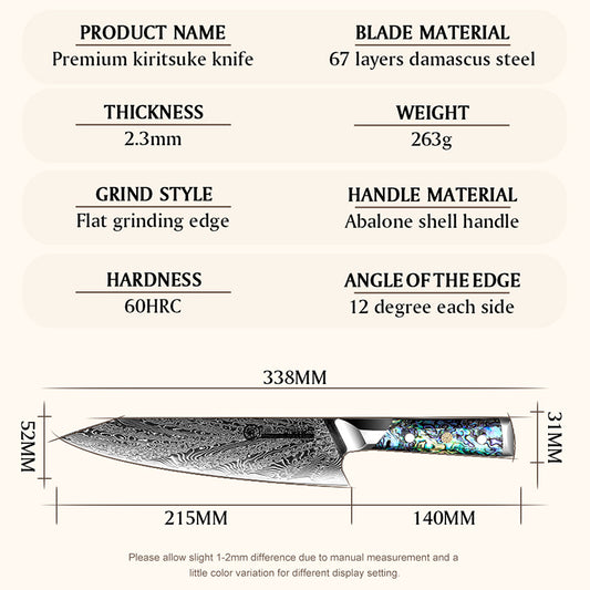 Grandsharp Abalone Handle Damascus Kiritsuke Chef Knife