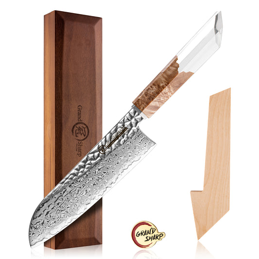 Grandsharp Premium Kitchen Santoku Knife 67 Layers 7 Inch Damascus Steel Santoku Knives with Stabilized Wood & Resin Handle