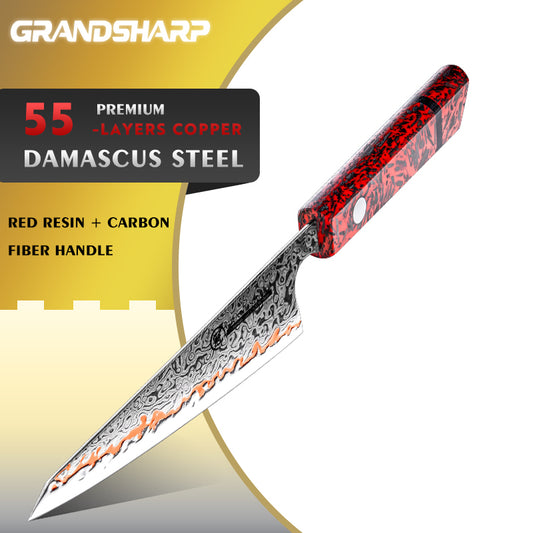 Grandsharp Premium 6 Inch Garasuki Knife 55 Layers Copper Damascus Steel Chef Santoku Utility Knife Red Resin + Carbon Fiber Handle