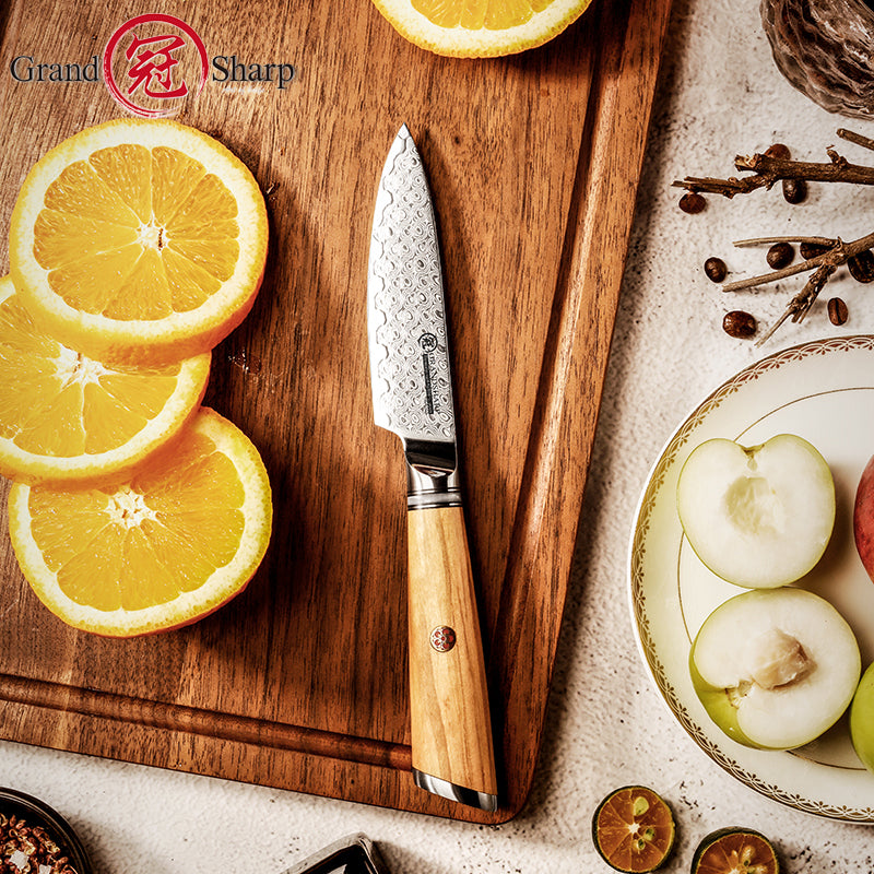 Grandsharp 67 Layers Damascus Steel High Carbon Steel Fruit Paring Knife Olive Wood Handle