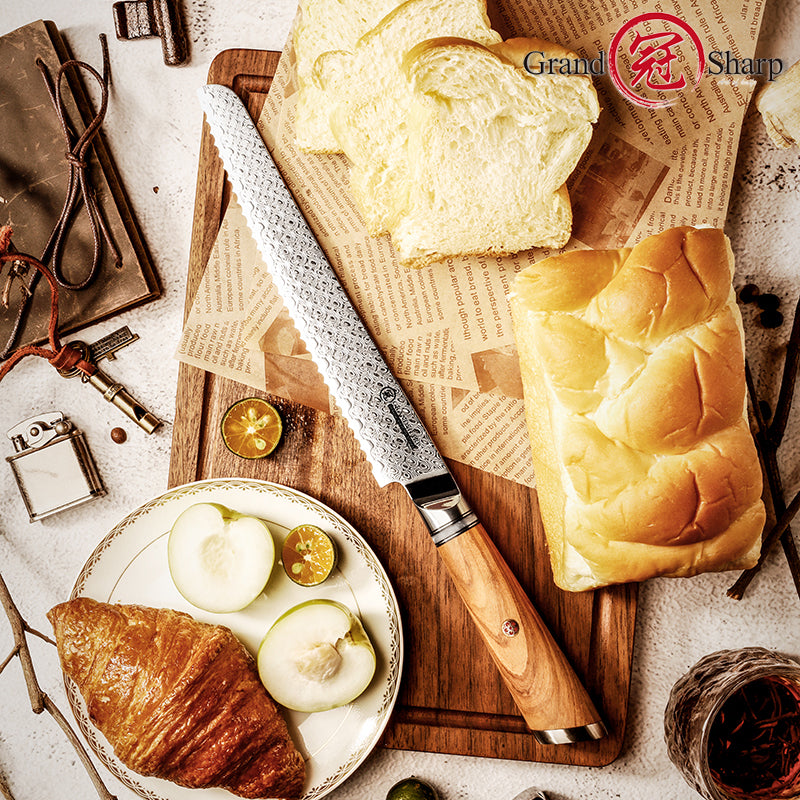 Grandsharp Hot Selling 8'' Baking Knives Damascus Stainless Steel Bread Knife Cake Slicing Kitchen Knife with Olive Wood Handle
