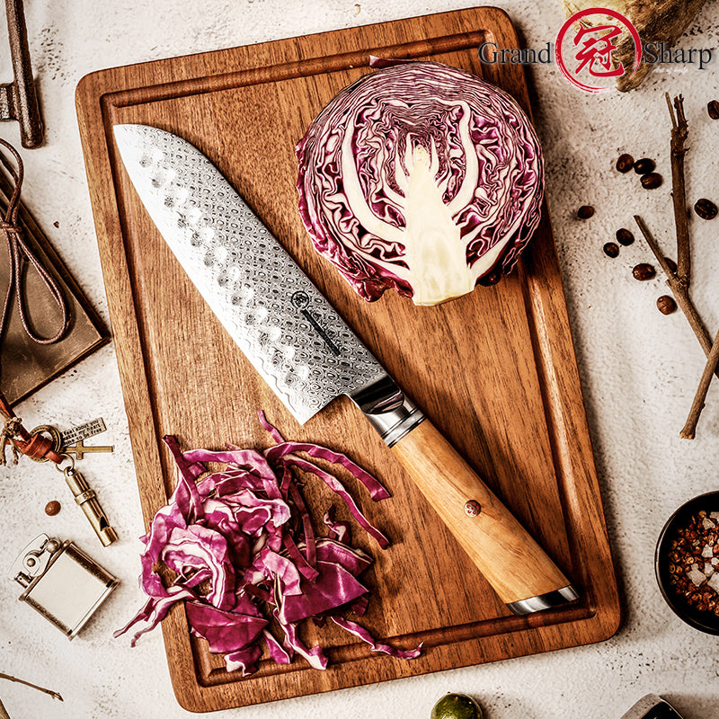 Grandsharp Professional 7 Inch Japanese 67 Layers Damascus Steel Kitchen Knife Santoku Knife With Resin and Oliver Wood Handle