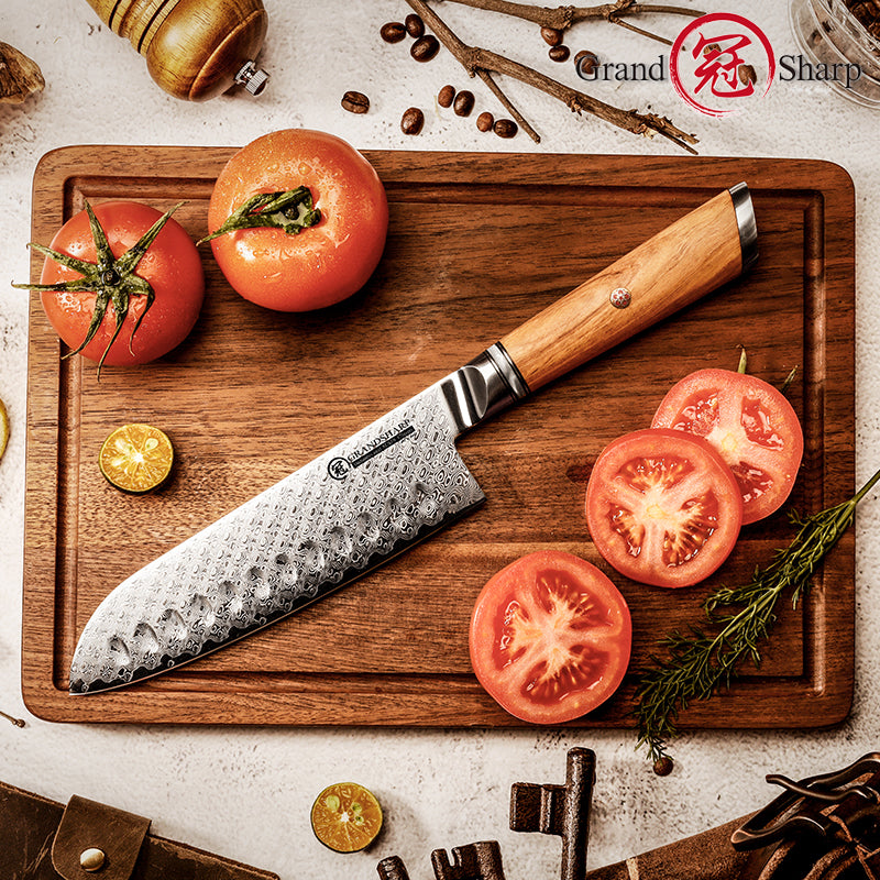 Grandsharp Professional 7 Inch Japanese 67 Layers Damascus Steel Kitchen Knife Santoku Knife With Resin and Oliver Wood Handle