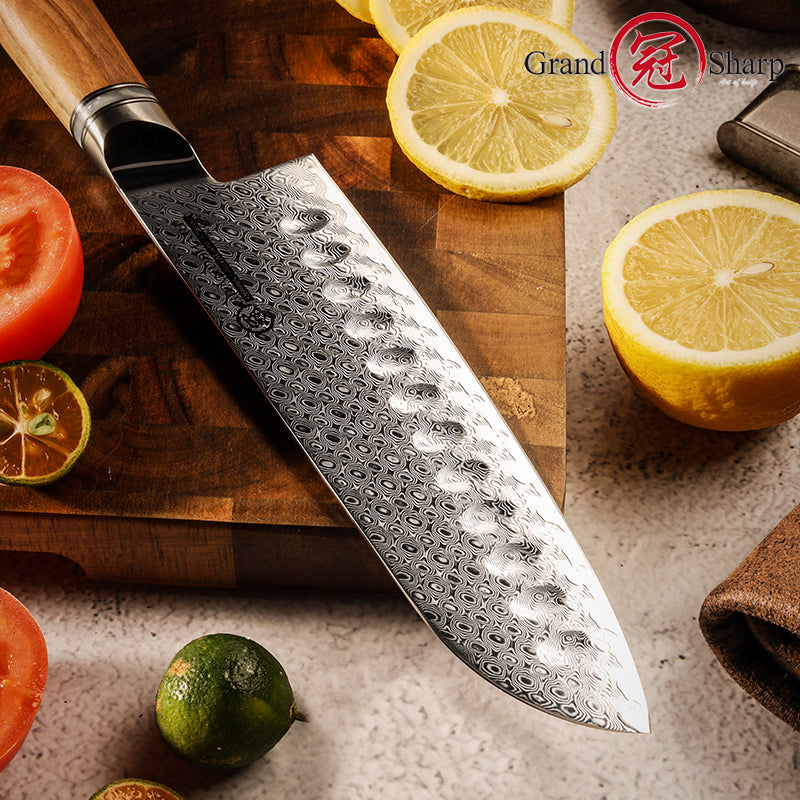 Grandsharp Professional 7 Inch Japanese 67 Layers Damascus Steel Kitchen Knife Santoku Knife With Resin and Oliver Wood Handle