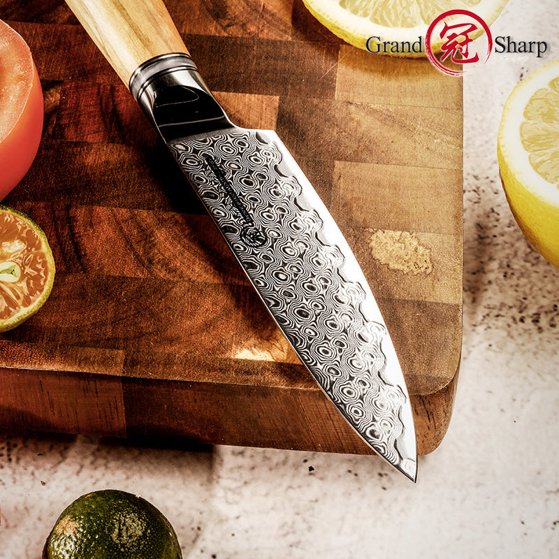 Grandsharp 67 Layers Damascus Steel High Carbon Steel Fruit Paring Knife Olive Wood Handle