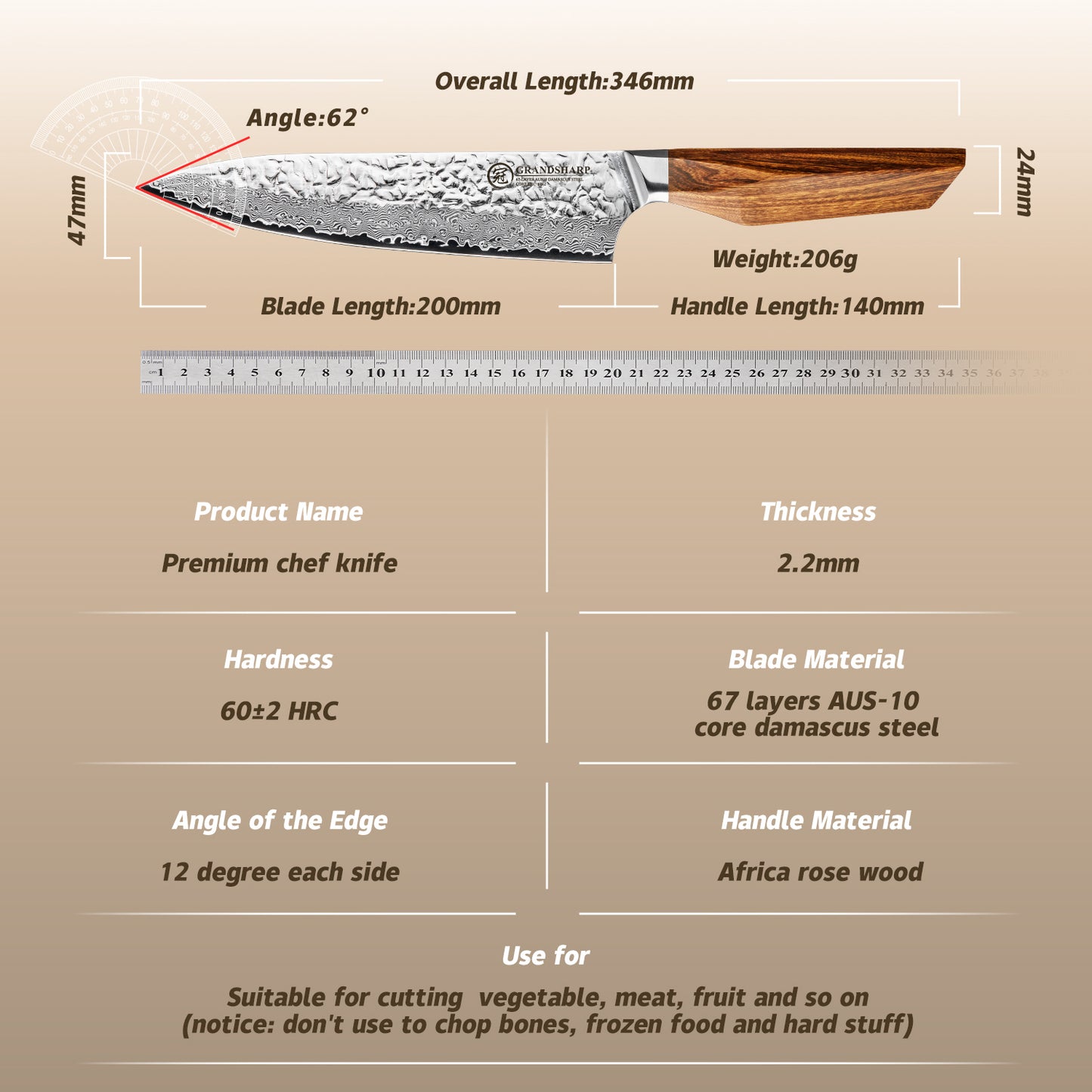 Grandsharp Custom Rose Wood Handle Damascus Chef Knife