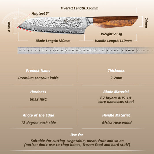 Grandsharp 67 Layers AUS-10 Damascus Santoku Knife with Rose Wood Handle