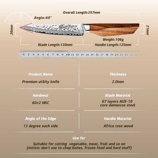 Grandsharp 67 Layers AUS-10 Damascus Utility Knife with Rose Wood Handle