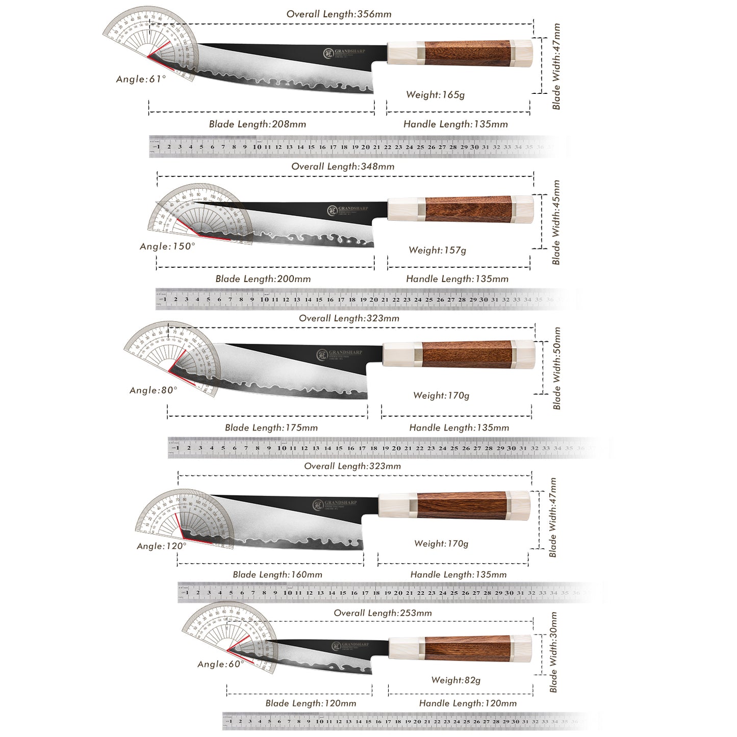 Grandsharp Kitchen Knife Set 3 Layer Composite Steel PM204 Steel Core Wood Handle Professional Chef Knives Collection 1 to 5 Pcs