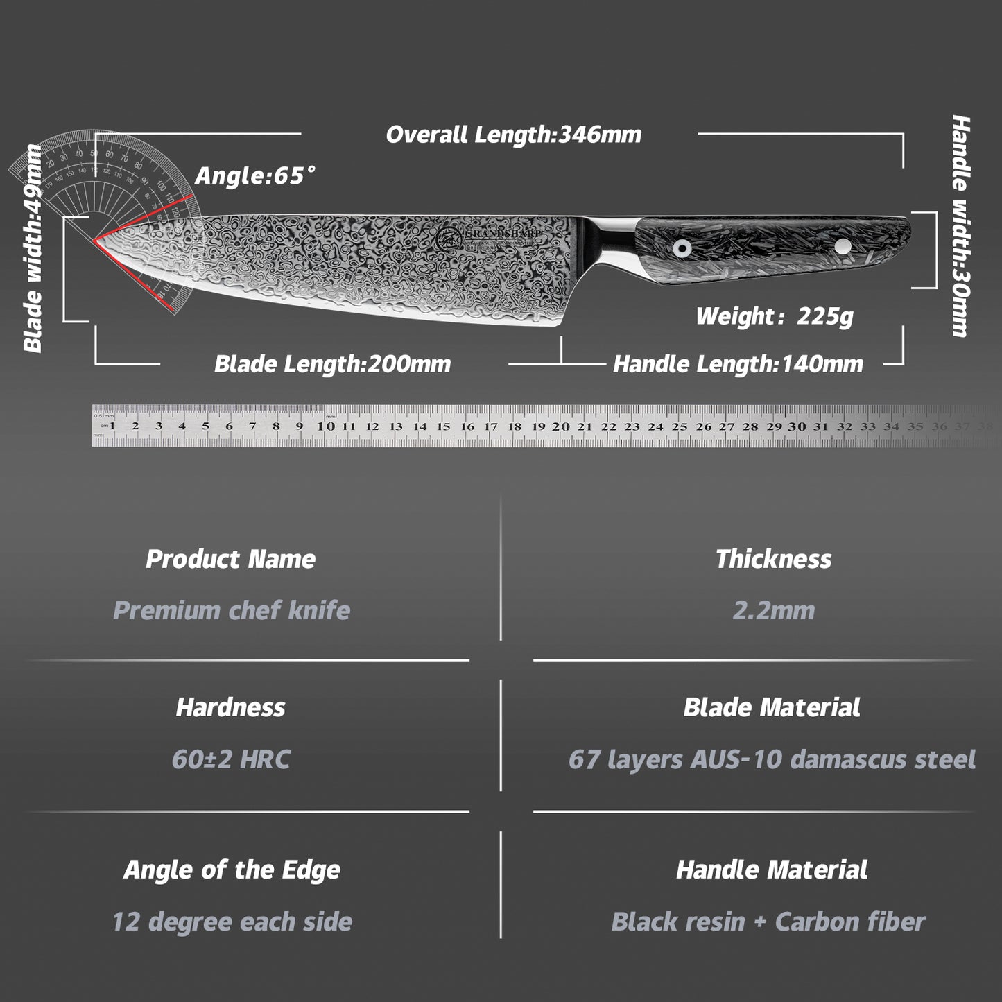 Grandsharp Kitchen 8 Inch Chef Knife Damascus AUS10 67 Layers Steel Chef Kitchen Knives Cutting with Black Carbon Fiber Handle