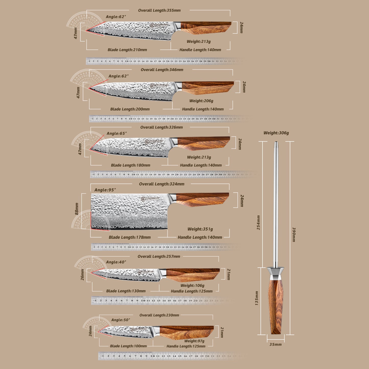 Grandsharp Premium 1-5pcs Damascus Kitchen Knife Set 67 Layers AUS-10 Cutting Core Africa Rose Wood Handle Meat Food Cutter