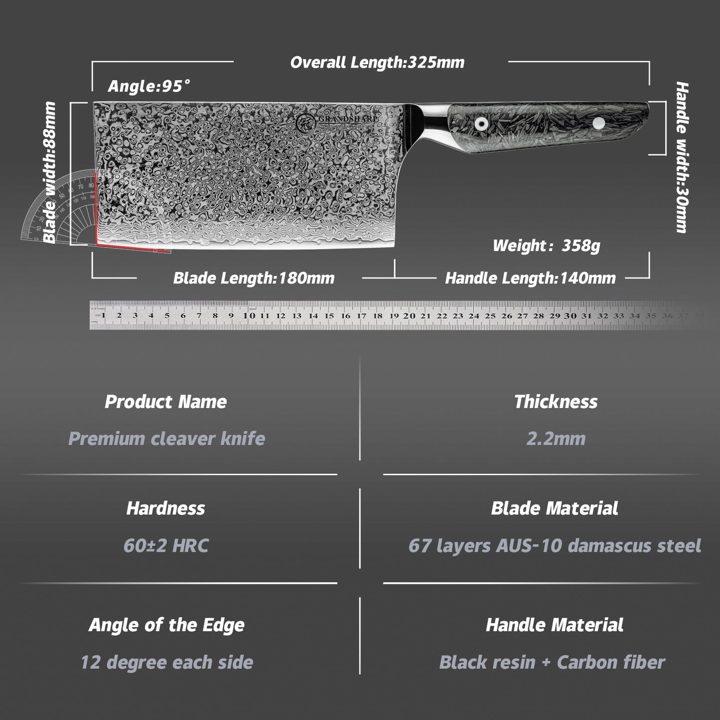 Grandsharp Premium Cleaver Cutting Knife Kitchen 67 Layers AUS10 Damascus Steel Cleaver Knives with Black Carbon Fiber Handle