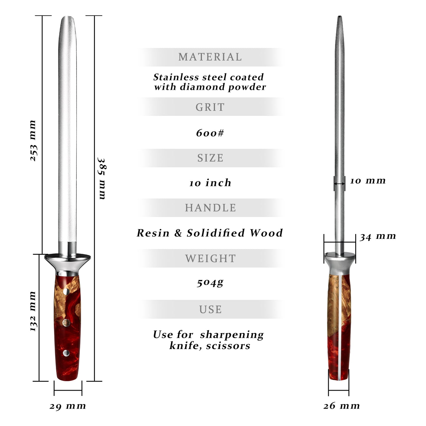 Grandsharp 10 Inch Knife Sharpening Rod Diamond Powder Coating Kitchen Classic Steel Knife Sharpener with Resin & Wood Handle