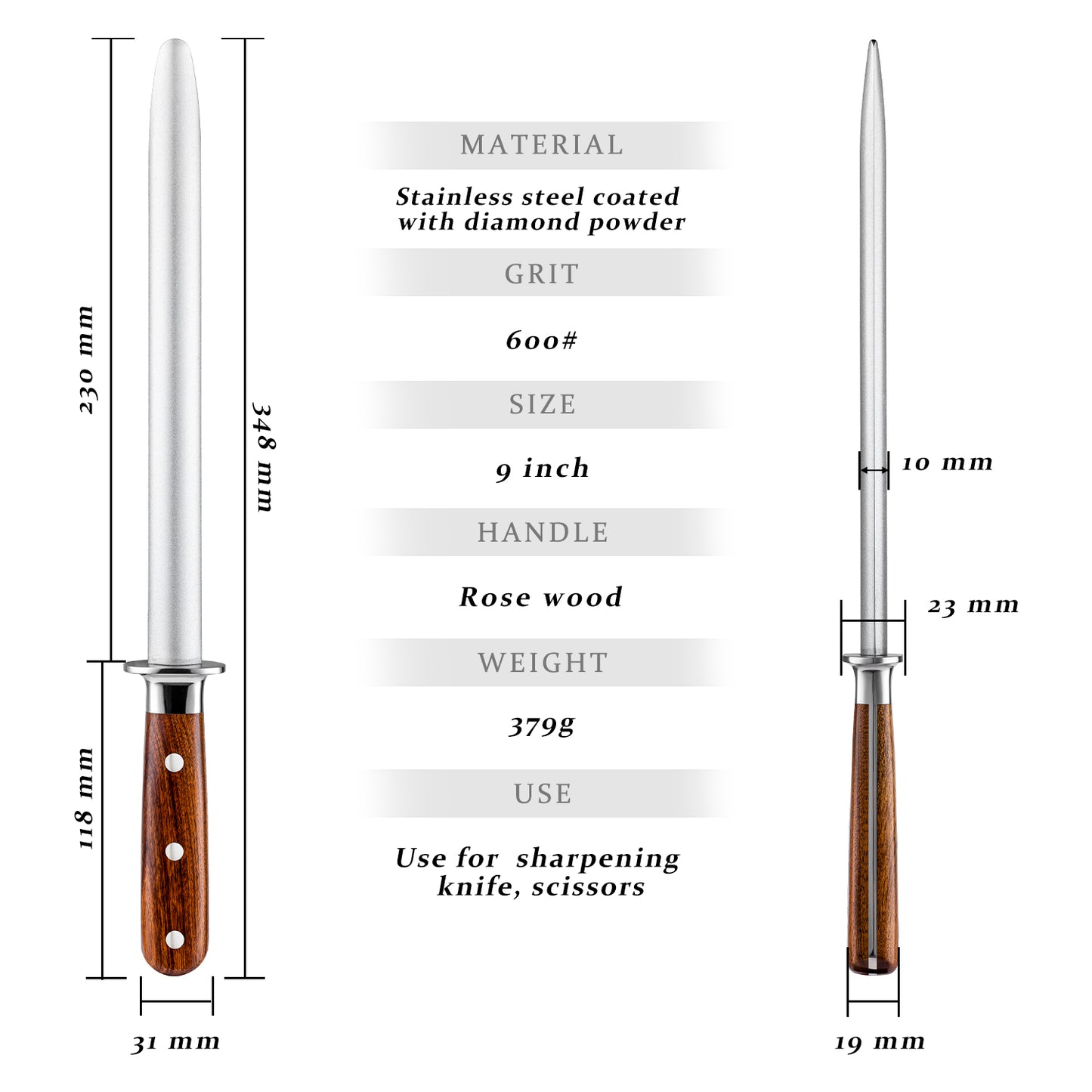 Grandsharp 9 Inch Diamond Powder Round Shank Sharpening Rod Kitchen Chef Knives Accessories Sharpening Stick Sharpener